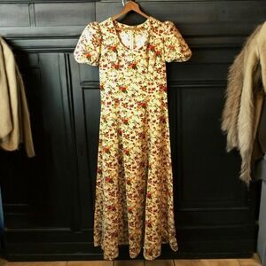 Vintage 70's Handmade Floral Velvet Maxi Dress Puff Sleeves Prairie Boho M/L